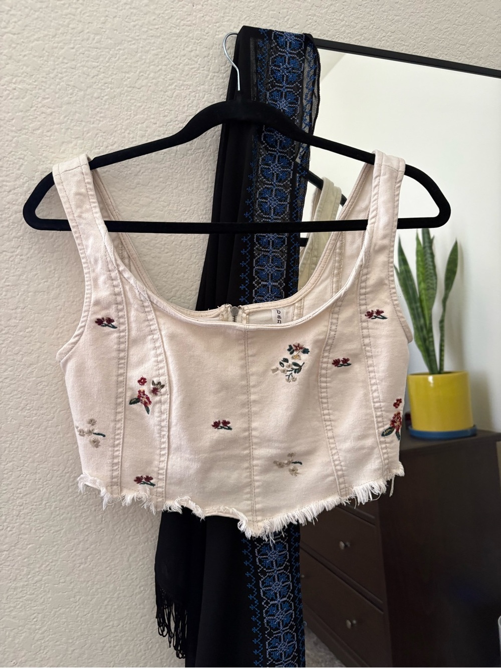 Embroidered Cream Crop Tank Top - Women